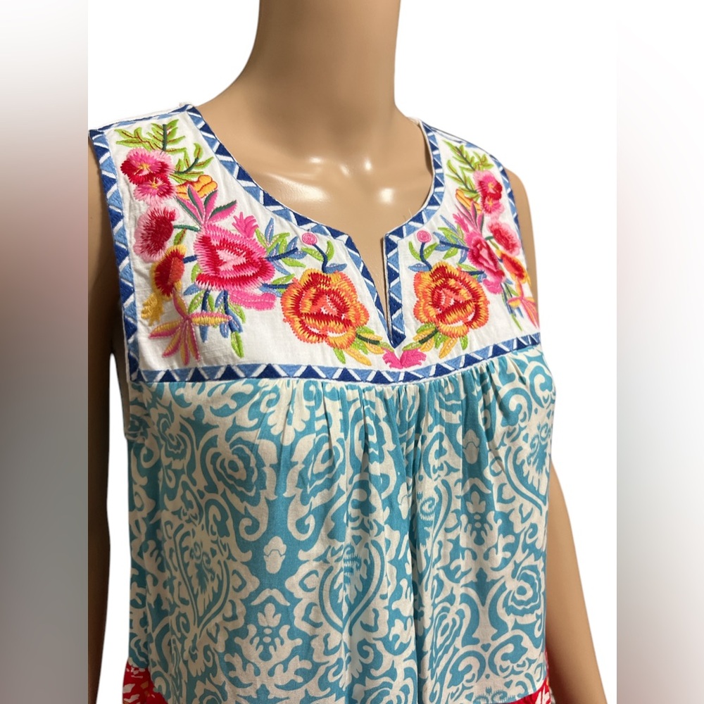 NWT Calessa Size XL Embroidered Patchwork Peasant Split V-Neck Sleeveless Blouse - Picture 6 of 11